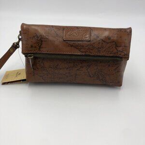 Patricia Nash Valerie Riot Rust Leather Wristlet Bag With Map Print & Zipper Poc